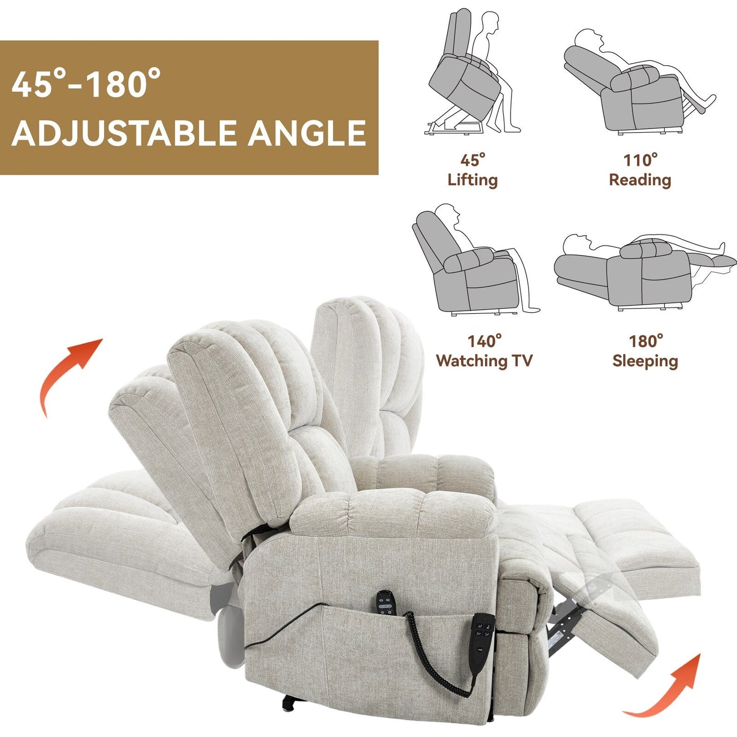 Fauteuil inclinable électrique surdimensionné en chenille avec massage et chauffage lombaire, inclinable en position infinie