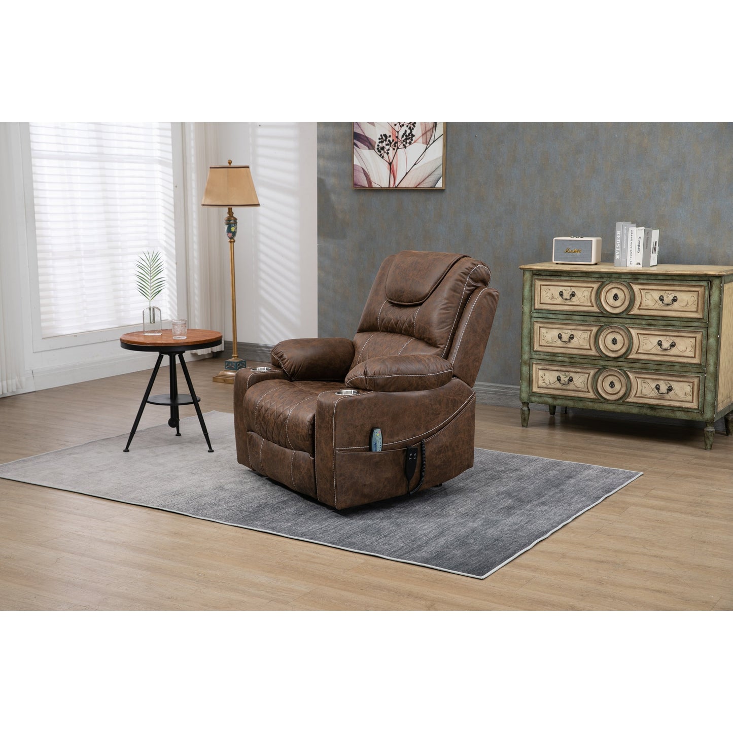 Fauteuil inclinable électrique surdimensionné en cuir PU avec massage, chauffage lombaire, porte-gobelet, position à plat à 180°