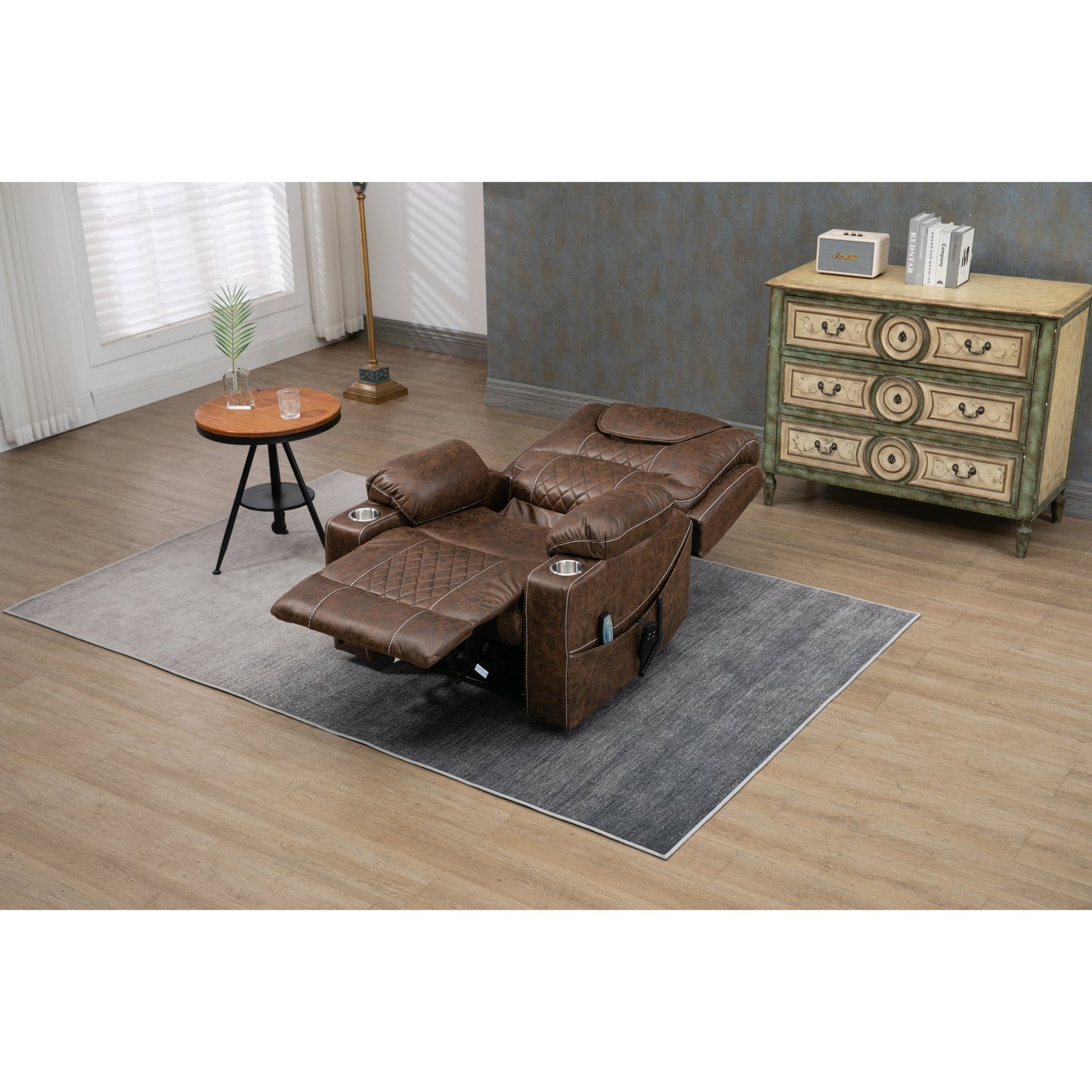 Fauteuil inclinable électrique surdimensionné en cuir PU avec massage, chauffage lombaire, porte-gobelet, position à plat à 180°