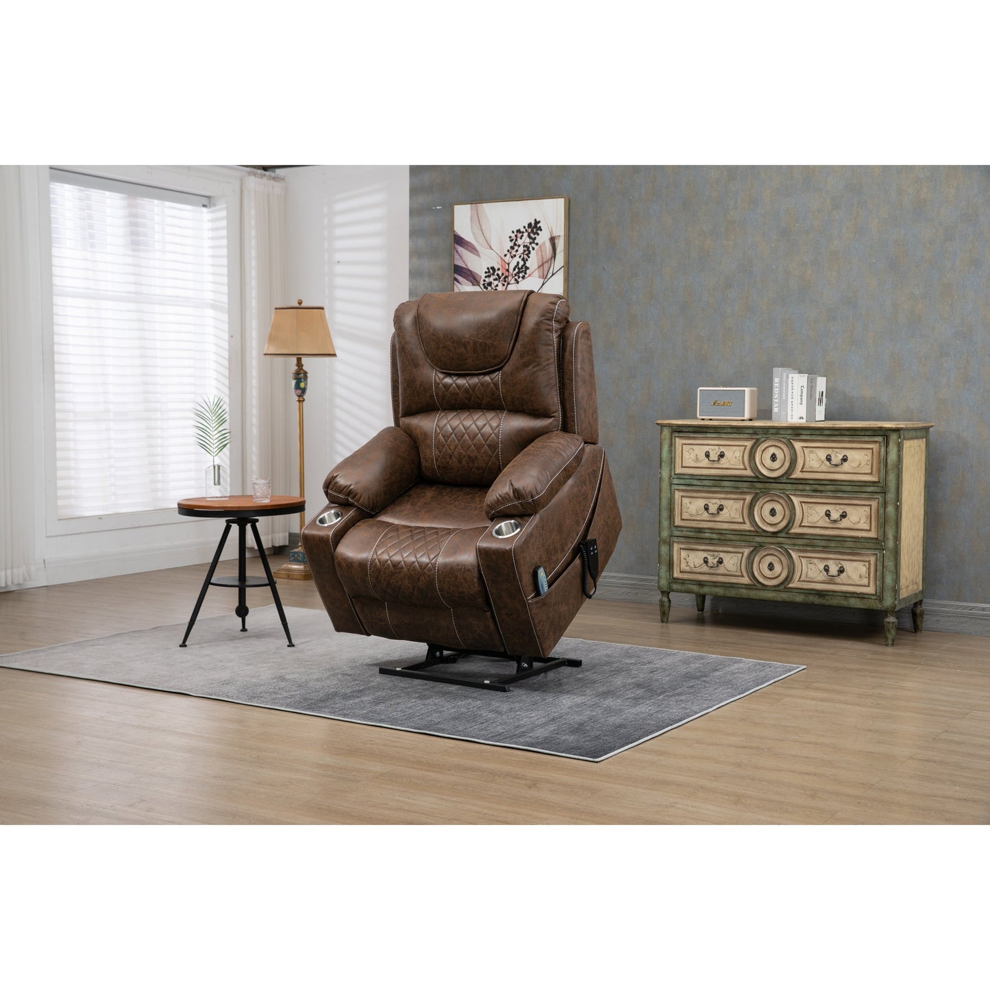 Fauteuil inclinable électrique surdimensionné en cuir PU avec massage, chauffage lombaire, porte-gobelet, position à plat à 180°