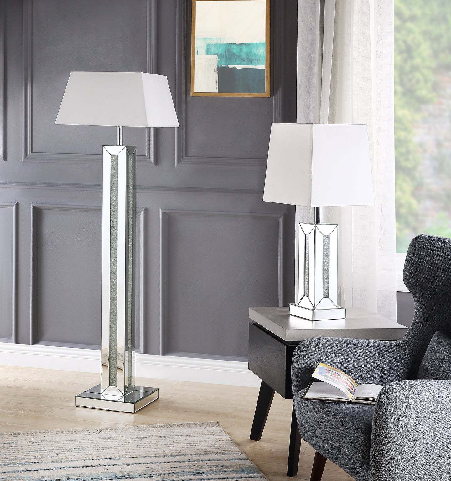 Persia 54.3 Glam Lampadaire avec verre, miroir et cristaux acryliques|Lampe à pied somptueuse Persia de 54,3 po avec verre, miroir et cristaux en acrylique