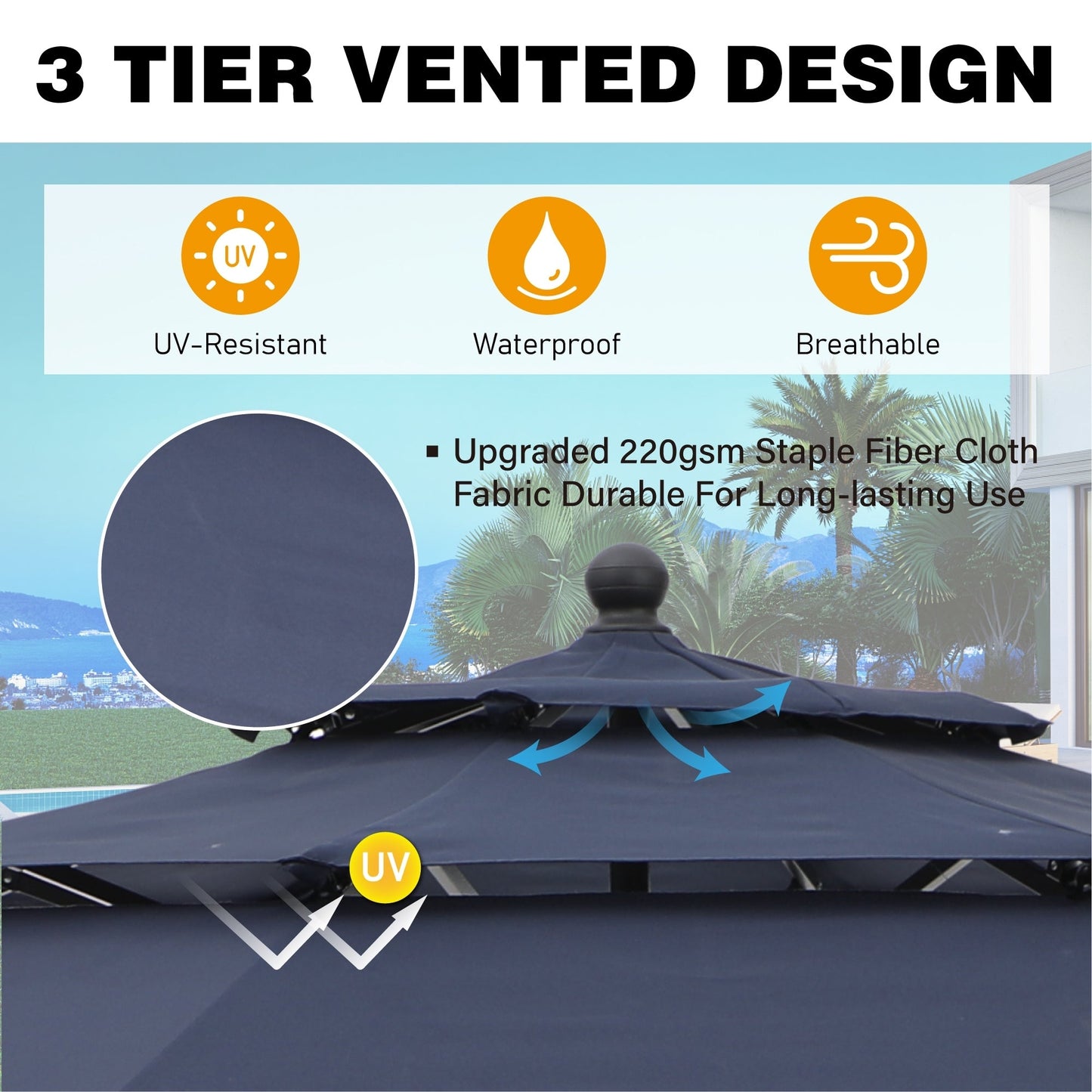 Parasol d'extérieur MAISON ARTS de 3 m (10 pi) à 3 niveaux, compatible avec la plupart des tables de patio, avec ventilation, inclinaison automatique et manivelle.