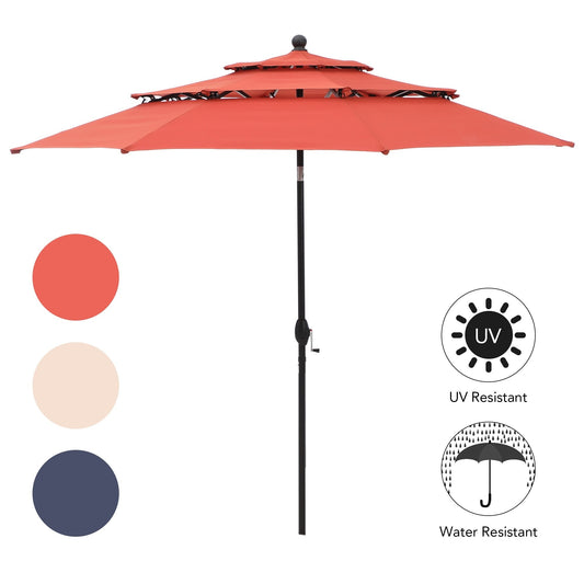 Parasol d'extérieur MAISON ARTS de 3 m (10 pi) à 3 niveaux, compatible avec la plupart des tables de patio, avec ventilation, inclinaison automatique et manivelle.