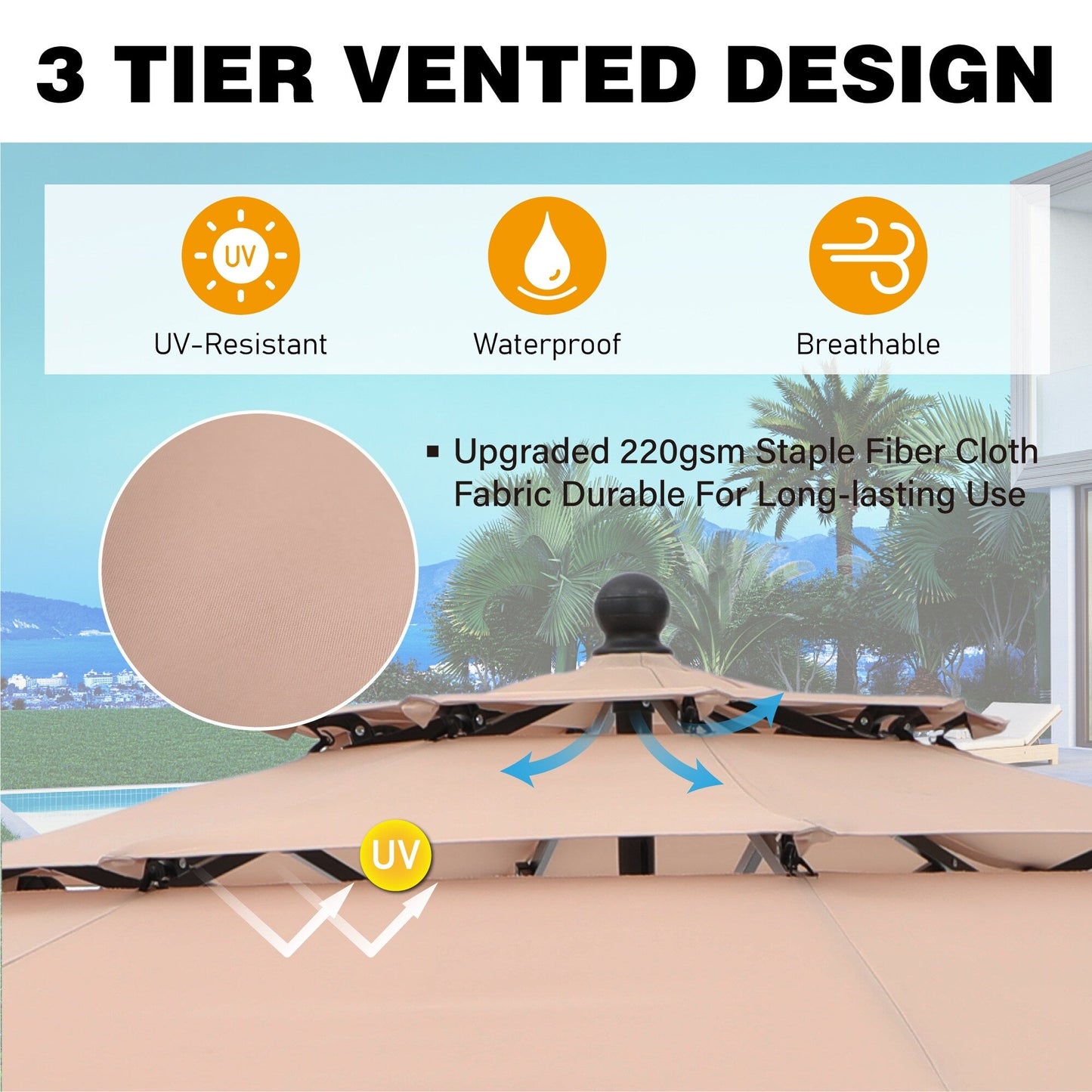 Parasol d'extérieur MAISON ARTS de 3 m (10 pi) à 3 niveaux, compatible avec la plupart des tables de patio, avec ventilation, inclinaison automatique et manivelle.