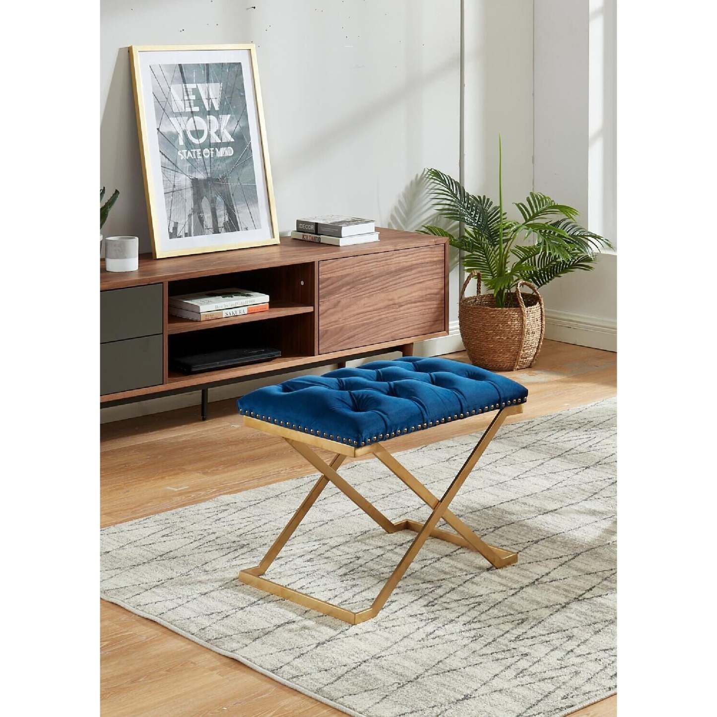 Pouf Impérial Capitonné avec Base Dorée Bancs Bleu Marine|Pouf Impérial capitonné bleu marine avec base dorée