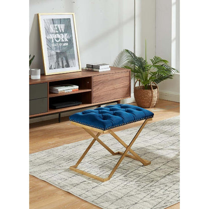Pouf Impérial Capitonné avec Base Dorée Bancs Bleu Marine|Pouf Impérial capitonné bleu marine avec base dorée