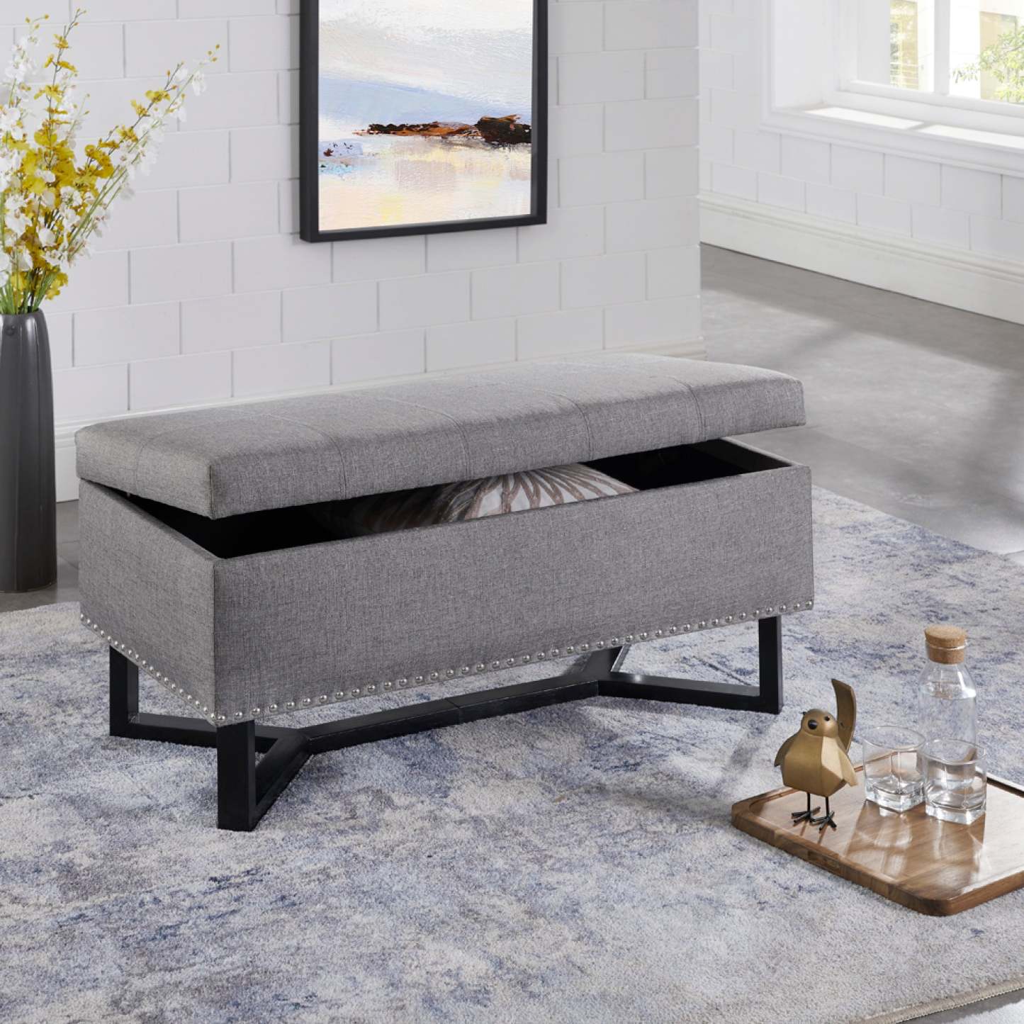 Emerson Fabric Studded Double Bench Ottoman Grey Benches|Banc-pouf gris clouté Emerson en tissu à deux places