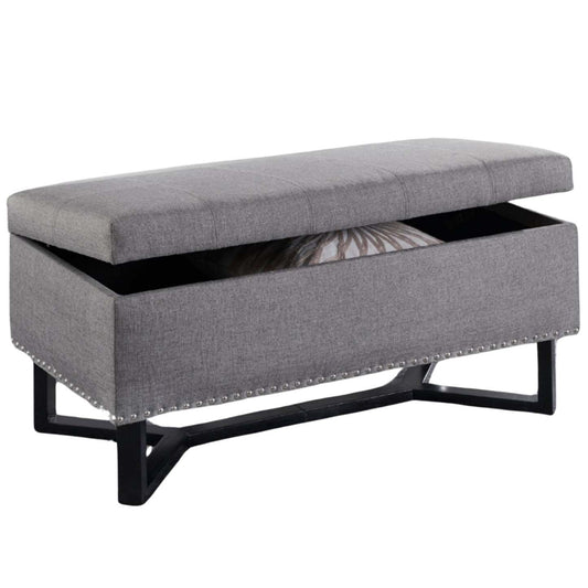 Emerson Fabric Studded Double Bench Ottoman Grey Benches|Banc-pouf gris clouté Emerson en tissu à deux places