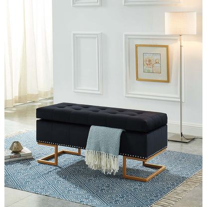 Ottoman Double Capitonné Impérial avec Clous et Base Dorée Bancs Noirs|Pouf Impérial capitonné noir à deux usages avec clous décoratifs et base dorée