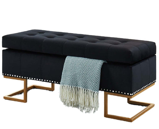 Ottoman Double Capitonné Impérial avec Clous et Base Dorée Bancs Noirs|Pouf Impérial capitonné noir à deux usages avec clous décoratifs et base dorée