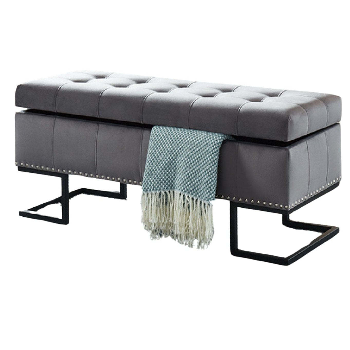 Ottoman Double Capitonné Imperial avec Clous et Bancs Gris Base Noire|Pouf Imperial capitonné gris à deux usages avec clous décoratifs et base noire
