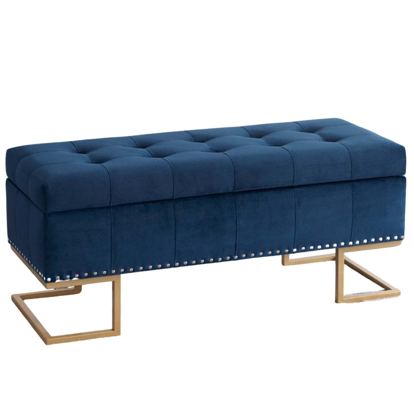 Imperial Tufted Double Ottoman with Studs and Gold Base Navy Benches|Pouf Imperial capitonné bleu marine à deux usages avec clous décoratifs et base dorée