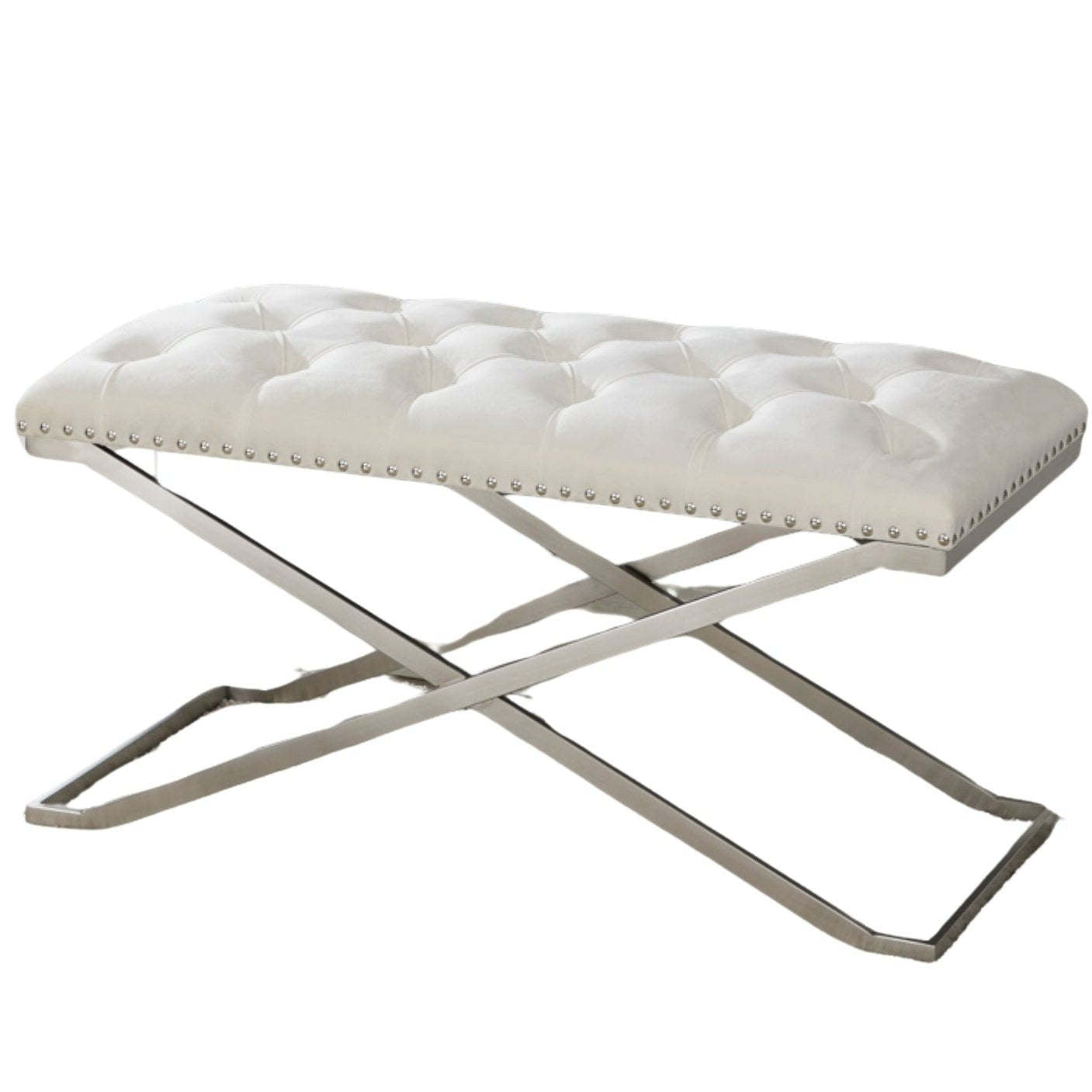 Banc Impérial Capitonné Double Piètement Argent Beige Benches|Banc Impérial capitonné beige à deux usages avec piètement argentée