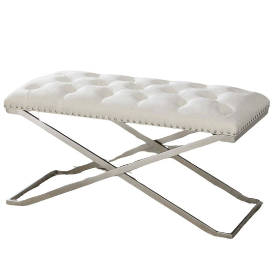 Banc Impérial Capitonné Double Piètement Argent Beige Benches|Banc Impérial capitonné beige à deux usages avec piètement argentée