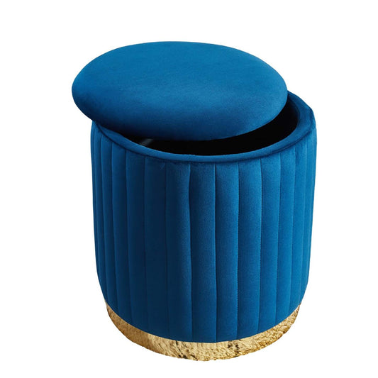 Pouf rond Charlotte en velours avec base dorée Navy Benches|Pouf rond Charlotte bleu marine en velours avec base dorée