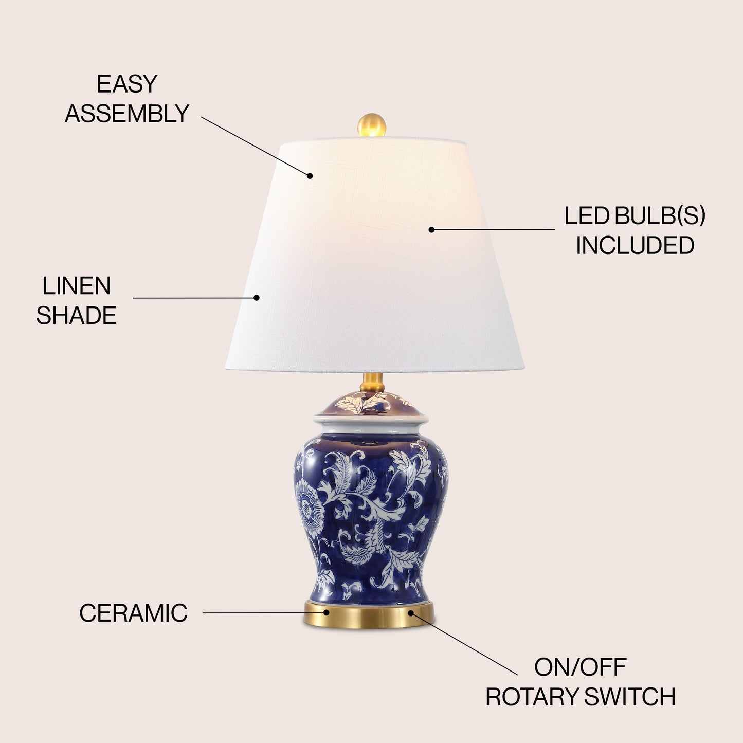 Lampe de table LED Penelope 22 Chinoiserie, bleu/blanc, par JONATHAN Y