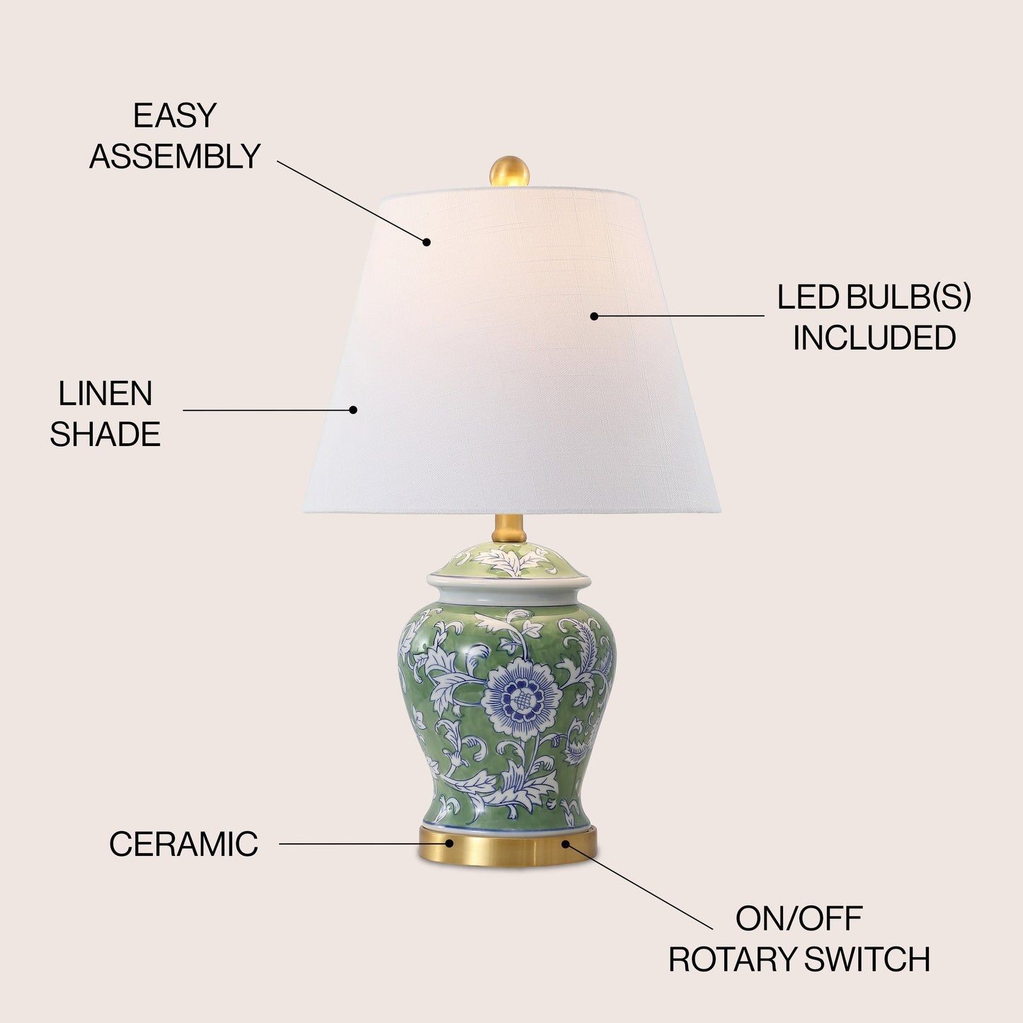 Lampe de table LED Penelope 22 Chinoiserie, bleu/blanc, par JONATHAN Y