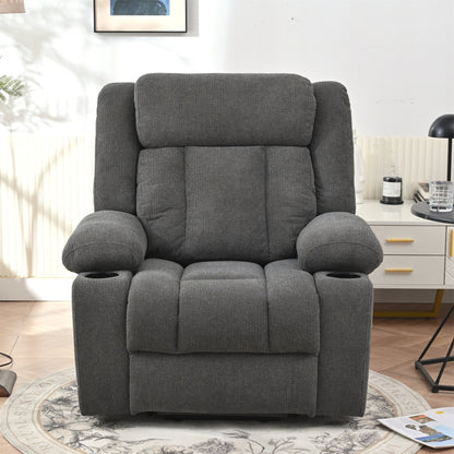 Fauteuil releveur électrique pour personnes âgées, en tissu, avec repose-pieds allongé, 2 porte-gobelets, poches latérales et télécommande.