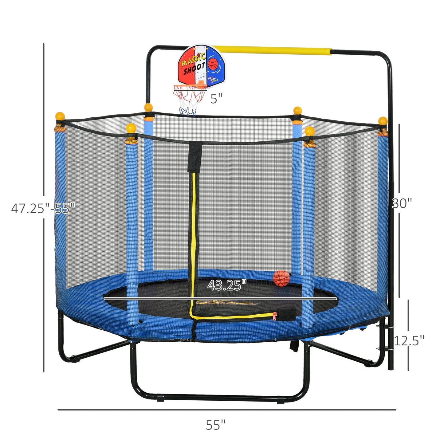Trampoline Qaba 4,6' pour enfants avec panier de basket, barre horizontale, trampoline d'intérieur 55 pouces avec filet