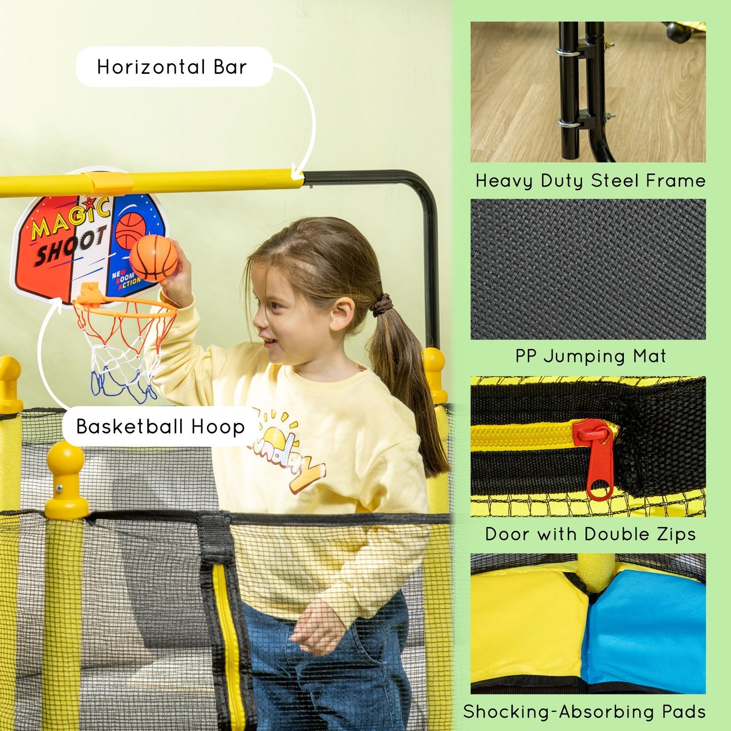 Trampoline Qaba 4,6' pour enfants avec panier de basket, barre horizontale, trampoline d'intérieur 55 pouces avec filet