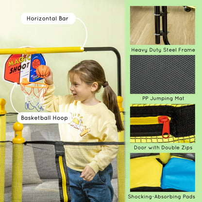 Trampoline Qaba 4,6' pour enfants avec panier de basket, barre horizontale, trampoline d'intérieur 55 pouces avec filet