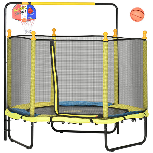 Trampoline Qaba 4,6' pour enfants avec panier de basket, barre horizontale, trampoline d'intérieur 55 pouces avec filet