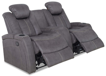 Ross 72.5 Faux Suede Fabric Power Reclining Loveseat with Power Headrests and Storage Console - Pewter Grey | Causeuse à inclinaison électrique Ross de 72,5 po en tissu de suédine avec appuie-têtes électriques et console de rangement - gris étain