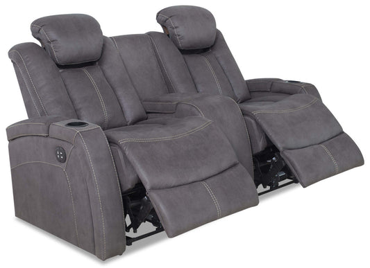 Ross 72.5 Faux Suede Fabric Power Reclining Loveseat with Power Headrests and Storage Console - Pewter Grey | Causeuse à inclinaison électrique Ross de 72,5 po en tissu de suédine avec appuie-têtes électriques et console de rangement - gris étain