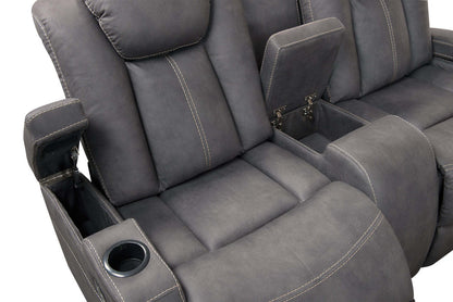 Ross 72.5 Faux Suede Fabric Power Reclining Loveseat with Power Headrests and Storage Console - Pewter Grey | Causeuse à inclinaison électrique Ross de 72,5 po en tissu de suédine avec appuie-têtes électriques et console de rangement - gris étain