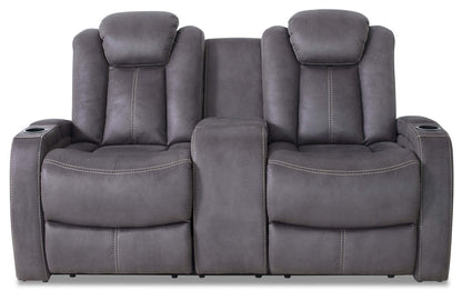 Ross 72.5 Faux Suede Fabric Power Reclining Loveseat with Power Headrests and Storage Console - Pewter Grey | Causeuse à inclinaison électrique Ross de 72,5 po en tissu de suédine avec appuie-têtes électriques et console de rangement - gris étain