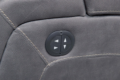 Ross 72.5 Faux Suede Fabric Power Reclining Loveseat with Power Headrests and Storage Console - Pewter Grey | Causeuse à inclinaison électrique Ross de 72,5 po en tissu de suédine avec appuie-têtes électriques et console de rangement - gris étain