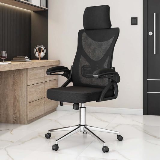 Chaise de bureau ergonomique Techni Mobili Essential avec appui-tête et support lombaire - Noir|Chaise de bureau ergonomique Essential de Techni Mobili avec appuis-tête et soutien lombaire - noire