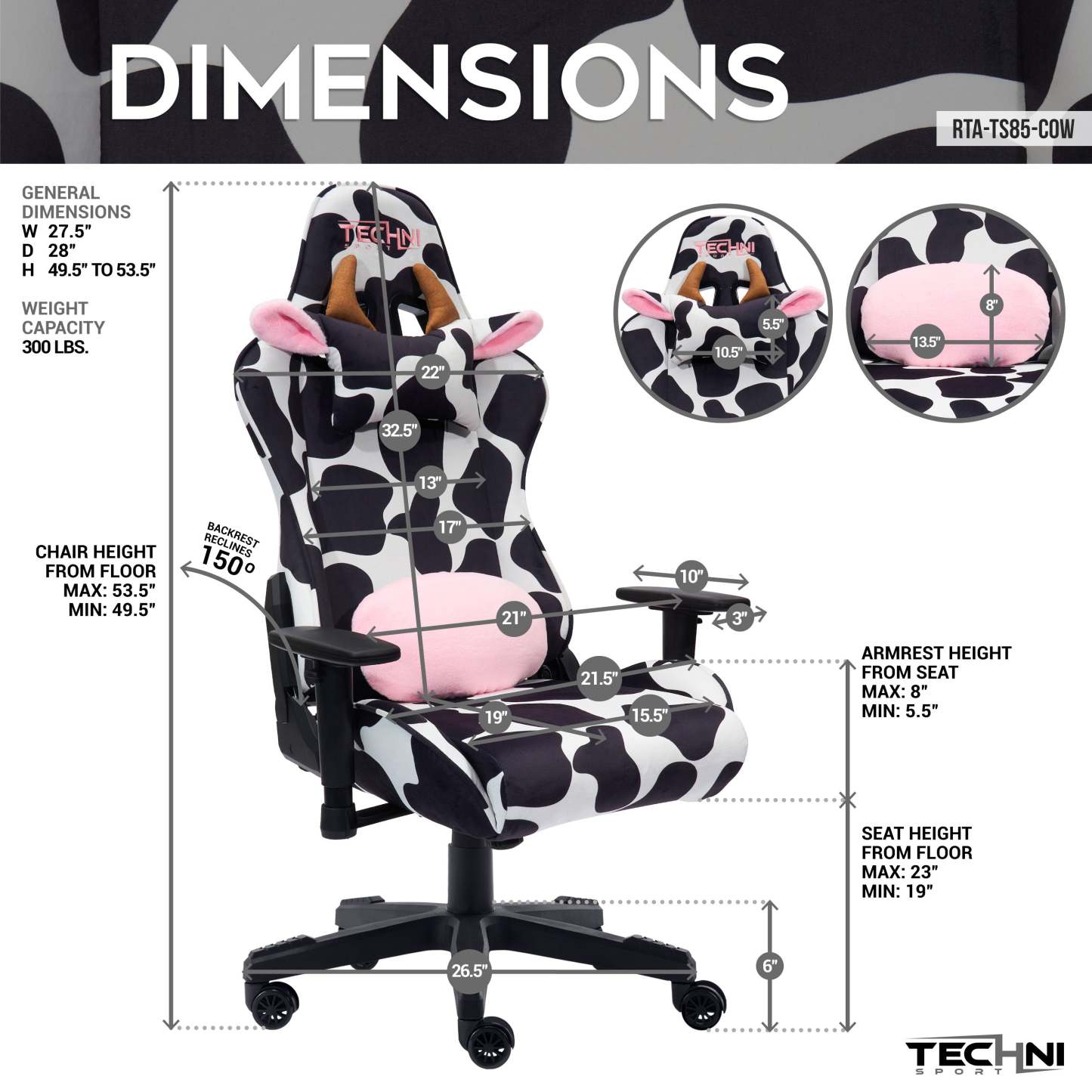 Techni Sport TS85 Cow Print Luxx Series Office Gaming Chair - Black|Fauteuil de jeu et de bureau TS85 de série Luxx de Techni à imprimé de vache - noir