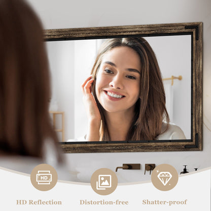Miroir mural rustique à cadre en bois, miroir de salle de bain en bois naturel
