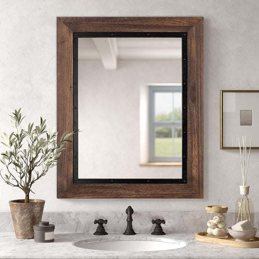 Miroir de salle de bain mural rustique avec cadre en bois et fer forgé