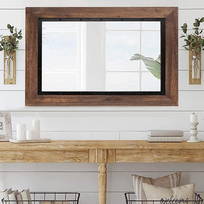 Miroir de salle de bain mural rustique avec cadre en bois et fer forgé