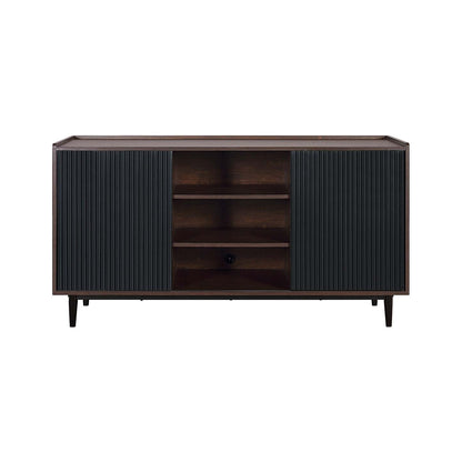 Manhattan Comfort Duane 59.05" Buffet moderne nervuré avec étagères réglables - Brun foncé et noir | Desserte moderne Duane de Manhattan Comfort de 59,05 po avec cannelures et tablettes réglables - brun foncé et noire
