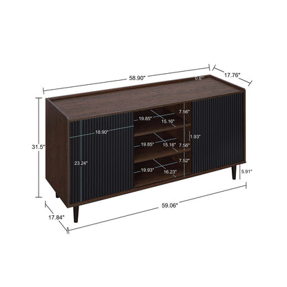 Manhattan Comfort Duane 59.05" Buffet moderne nervuré avec étagères réglables - Brun foncé et noir | Desserte moderne Duane de Manhattan Comfort de 59,05 po avec cannelures et tablettes réglables - brun foncé et noire