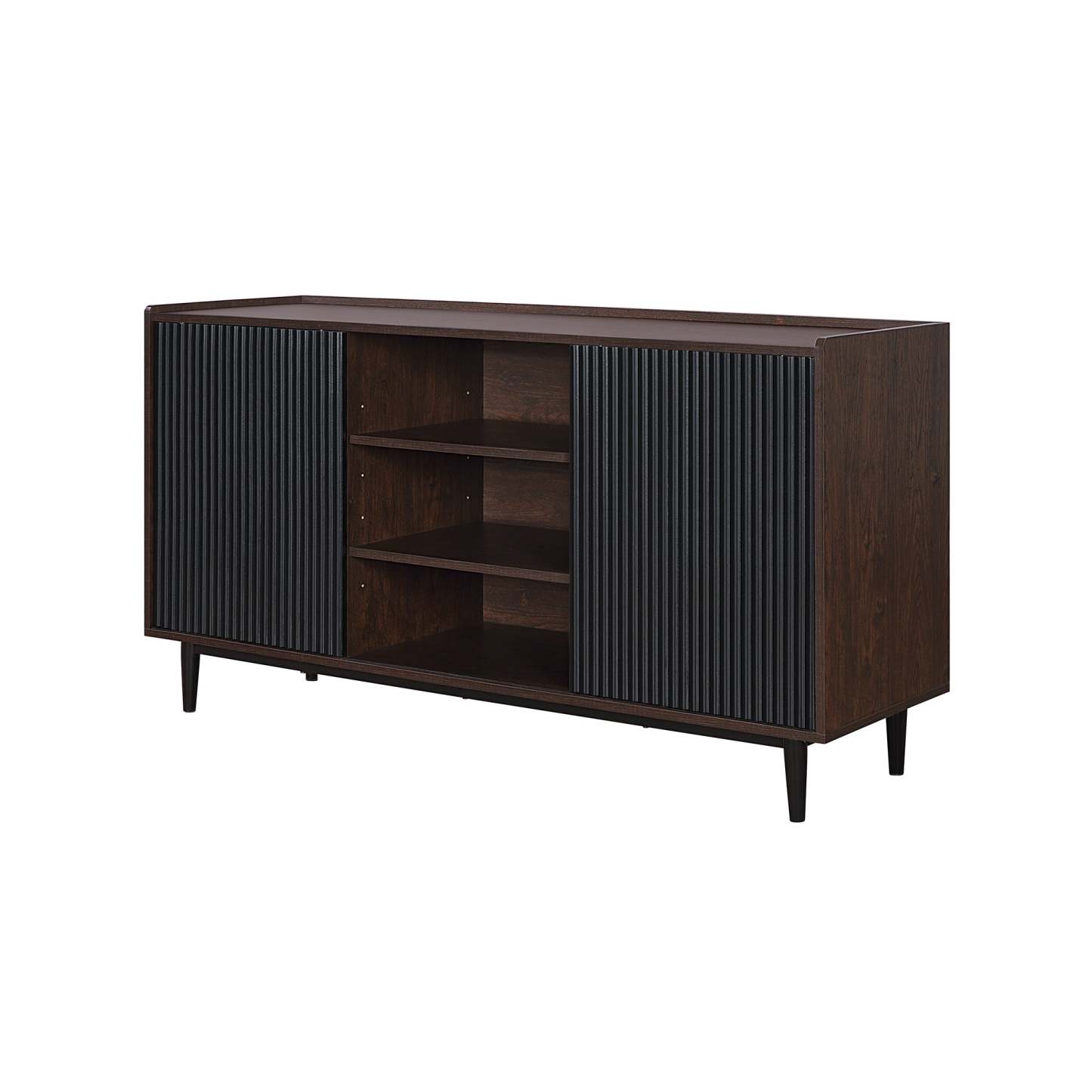 Manhattan Comfort Duane 59.05" Buffet moderne nervuré avec étagères réglables - Brun foncé et noir | Desserte moderne Duane de Manhattan Comfort de 59,05 po avec cannelures et tablettes réglables - brun foncé et noire