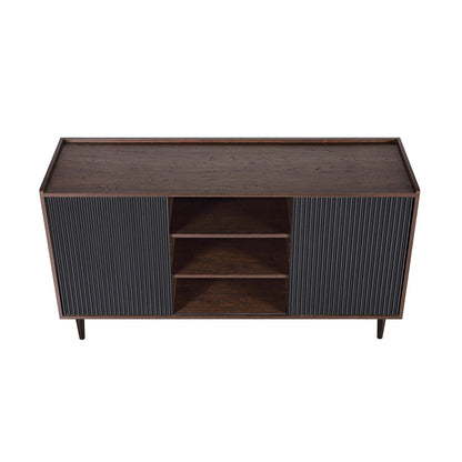 Manhattan Comfort Duane 59.05" Buffet moderne nervuré avec étagères réglables - Brun foncé et noir | Desserte moderne Duane de Manhattan Comfort de 59,05 po avec cannelures et tablettes réglables - brun foncé et noire