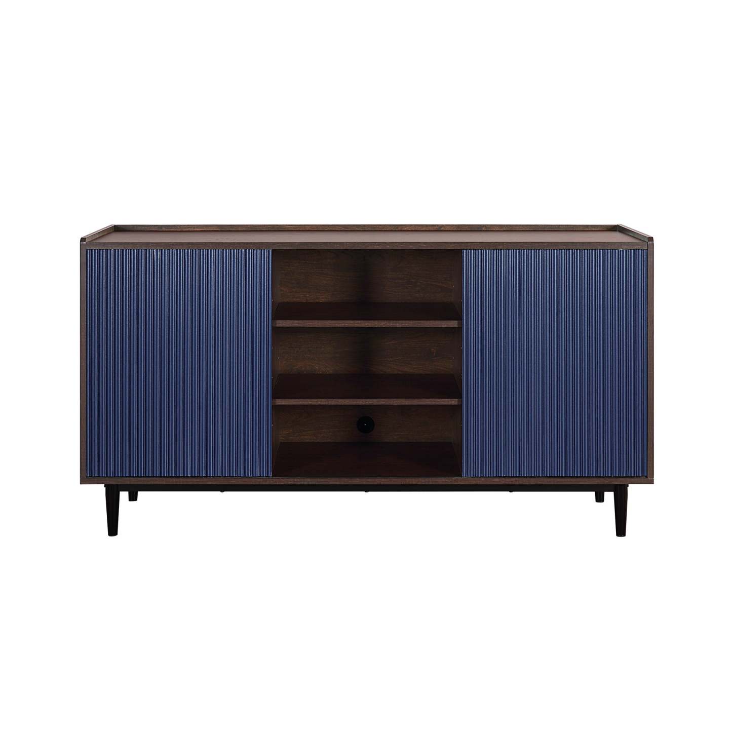 Manhattan Comfort Duane 59.05" Buffet moderne nervuré avec étagères réglables - Brun foncé et bleu marine | Desserte moderne Duane de Manhattan Comfort de 59,05 po avec cannelures et tablettes réglables - brun foncé et bleu marine