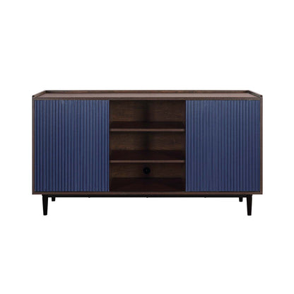 Manhattan Comfort Duane 59.05" Buffet moderne nervuré avec étagères réglables - Brun foncé et bleu marine | Desserte moderne Duane de Manhattan Comfort de 59,05 po avec cannelures et tablettes réglables - brun foncé et bleu marine