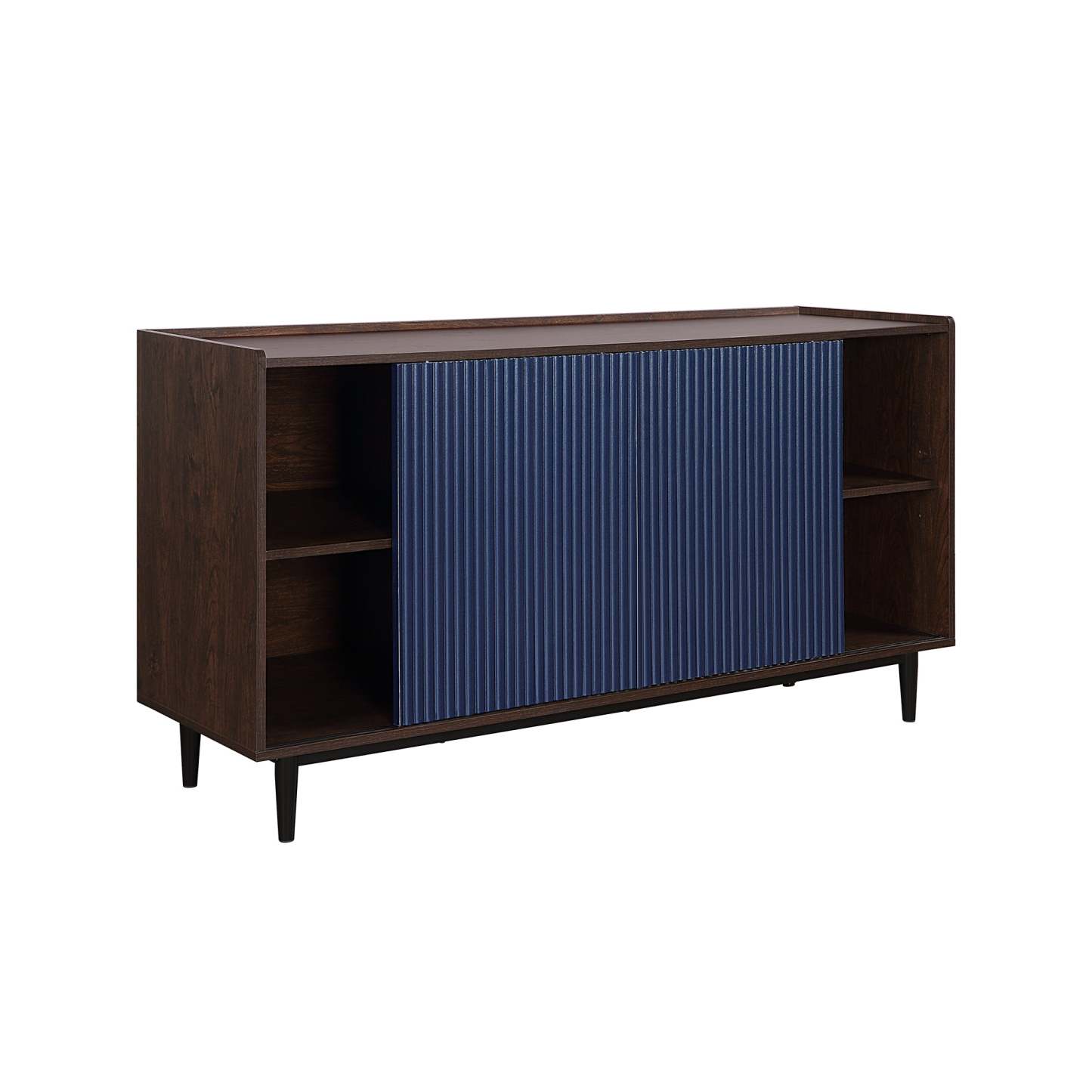 Manhattan Comfort Duane 59.05" Buffet moderne nervuré avec étagères réglables - Brun foncé et bleu marine | Desserte moderne Duane de Manhattan Comfort de 59,05 po avec cannelures et tablettes réglables - brun foncé et bleu marine