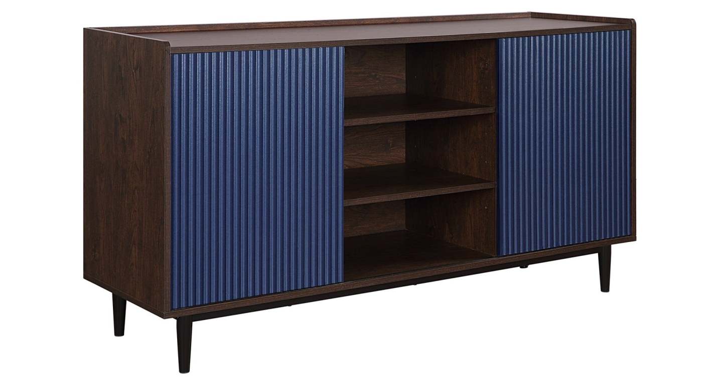 Manhattan Comfort Duane 59.05" Buffet moderne nervuré avec étagères réglables - Brun foncé et bleu marine | Desserte moderne Duane de Manhattan Comfort de 59,05 po avec cannelures et tablettes réglables - brun foncé et bleu marine