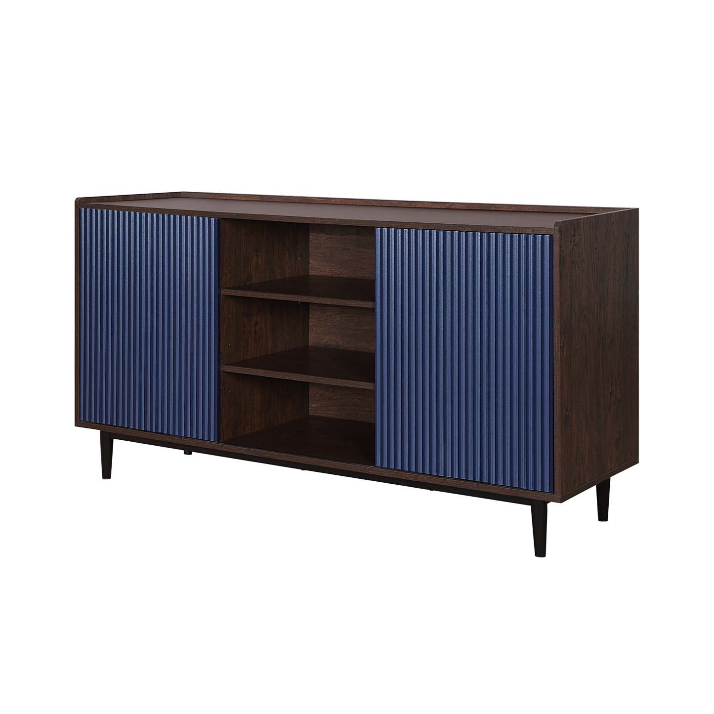 Manhattan Comfort Duane 59.05" Buffet moderne nervuré avec étagères réglables - Brun foncé et bleu marine | Desserte moderne Duane de Manhattan Comfort de 59,05 po avec cannelures et tablettes réglables - brun foncé et bleu marine