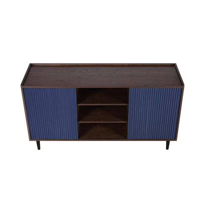 Manhattan Comfort Duane 59.05" Buffet moderne nervuré avec étagères réglables - Brun foncé et bleu marine | Desserte moderne Duane de Manhattan Comfort de 59,05 po avec cannelures et tablettes réglables - brun foncé et bleu marine