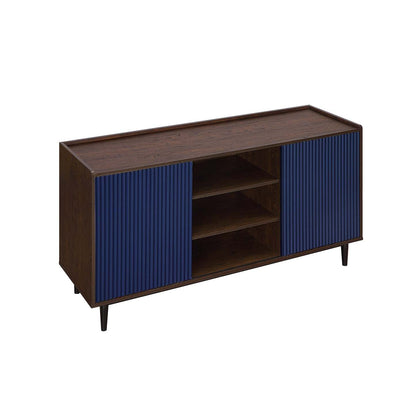 Manhattan Comfort Duane 59.05" Buffet moderne nervuré avec étagères réglables - Brun foncé et bleu marine | Desserte moderne Duane de Manhattan Comfort de 59,05 po avec cannelures et tablettes réglables - brun foncé et bleu marine