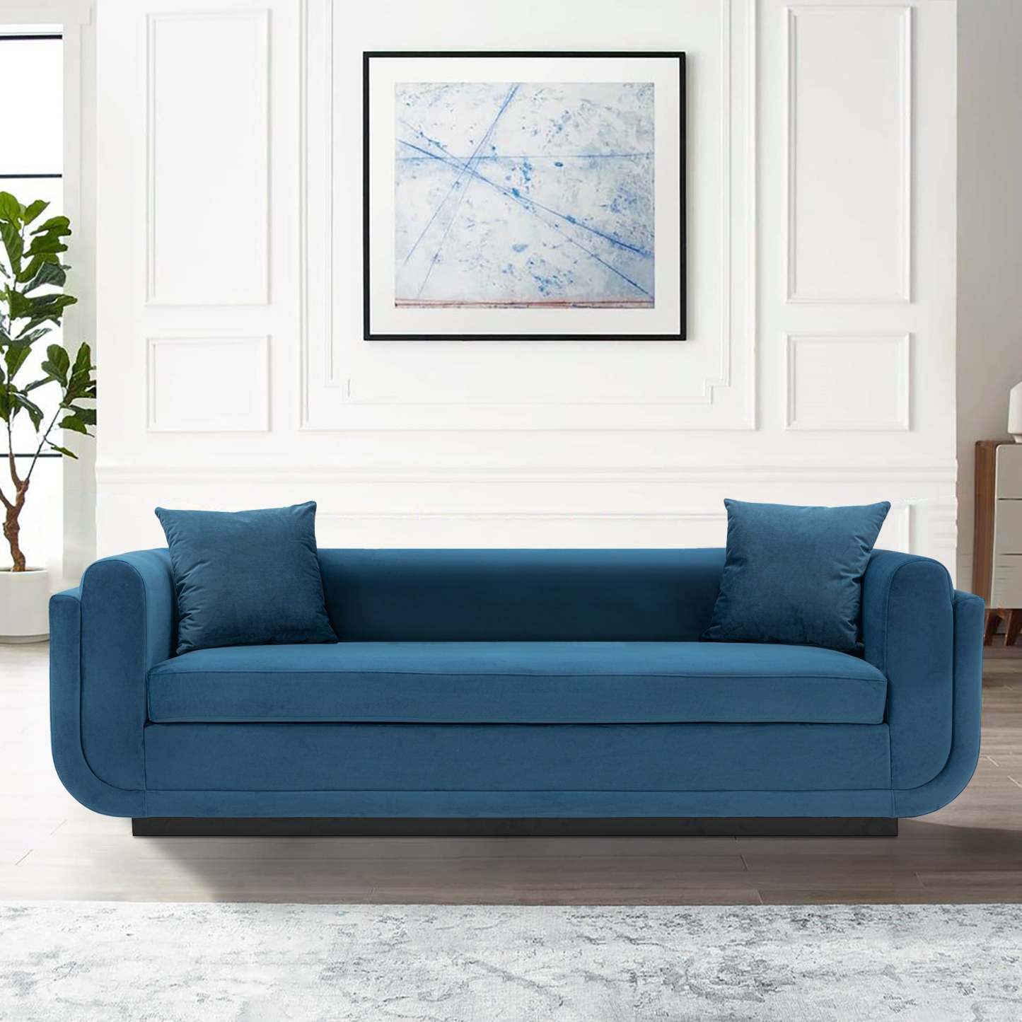 Canapé contemporain Edmonda de Manhattan Comfort en velours avec coussins - bleu saphir