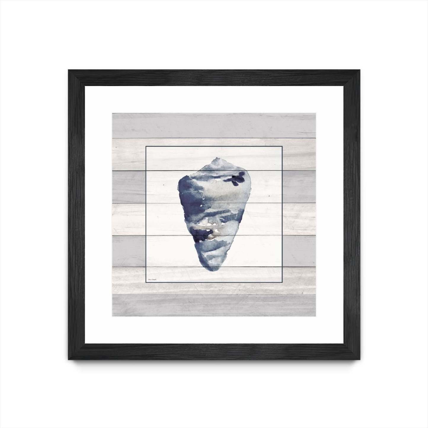 Œuvre murale encadrée et mate « Muted Blue Shell On Wood » 36 x 36