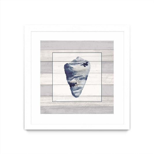 Œuvre murale encadrée blanche et mate « Coquillage bleu délavé sur bois » 30 x 30